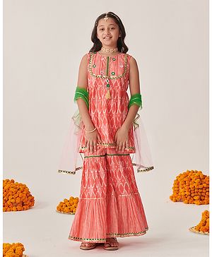 Pspeaches Cotton Sleeveless Ethnic Abstract Printed & Mirror Work Embellished Kurta Sharara With Dupatta - Peach