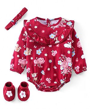 Babyhug 100% Cotton Knit Full Sleeves Onesie With Hairband & Booties Floral Print - Red