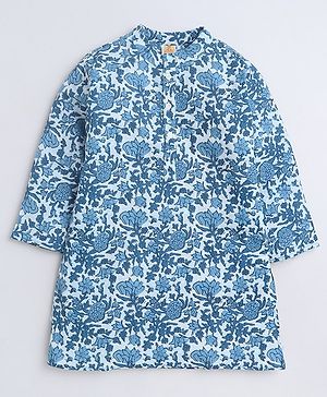 Aww Hunnie 100% Cotton Full Sleeves Floral Jaipuri Printed Kurta - Blue