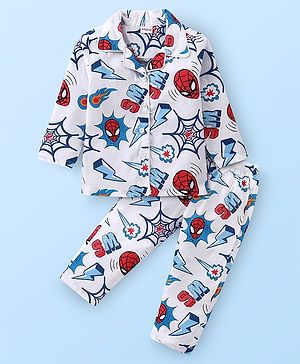 Babyhug Marvel Full Sleeves Front Open Collar Neck Woven Night suit  with Spider Man Print - White