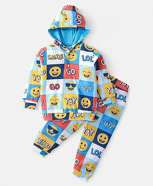 Babyhug Terry Knit Full Sleeves Hooded T-Shirt & Pant Set with Text Print - Multicolour