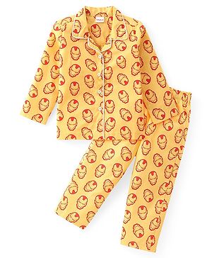 Babyhug Marvel Cotton Woven Full Sleeves Night Suit with Avengers All over Print - Yellow