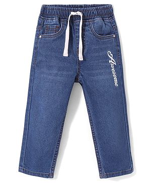 Babyhug Full Length Washed Denim Jeans With Stretch & Text Print - Navy Blue
