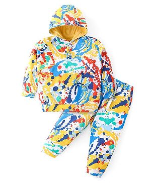 Babyhug Cotton Knit Full Sleeves Hooded T-Shirt & Lounge Pants Set With Color Splash Print - Multicolor