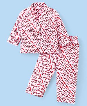 Babyhug Marvel Cotton Woven Front Open Full Sleeves Night Suit With Marvel Avengers  Print - Pink