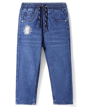 Babyhug Denim Full Length Washed Jeans with Stretch Text Print - Blue