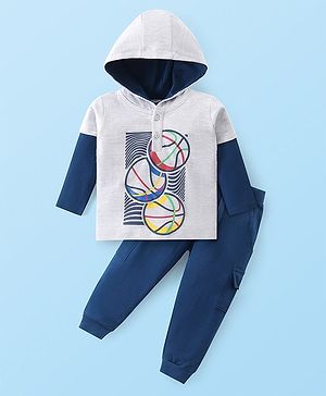 Babyhug Cotton Knit Doctor Sleeves Hooded T-Shirt & Lounge Pants Set With Basketball Print - White & Blue
