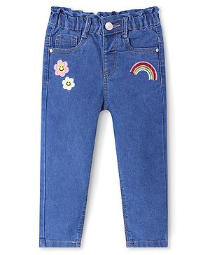 Babyhug Denim Full Length Solid Color Jeans with Floral Embroidery - Blue