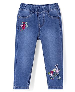Babyhug Denim Full Length Solid Color Stretchable Jegging with Floral Embroidery - Blue