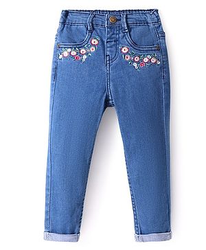 Babyhug Full Length Washed Stretchable Denim Jeans With Floral Embroidery - Blue