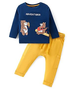 Babyhug Cotton Knit Full Sleeves T-Shirt & Lounge Pants Set With Bears Print - Blue & Yellow