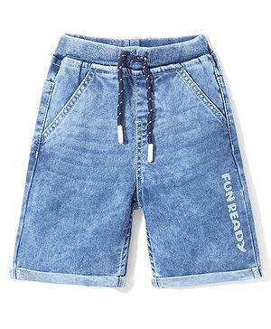 Babyhug Above Knee Length Stretchable Denim Washed  Bermuda with Text Print - Blue