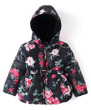 Babyhug Woven Full Sleeves Padded Hooded Jacket With Floral Print & Bow Applique - Black