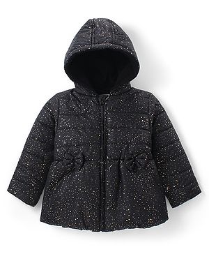 Babyhug Woven Full Sleeves Padded Hooded Jacket With Metallic Print & Bow Applique - Black