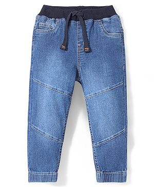 Babyhug Cotton Full Length Denim Washed Solid Colour Joggers with Stretch & Cut & Sew Design - Blue