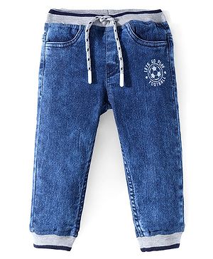 Babyhug Denim Full Length Joggers with Text Print - Blue