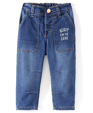 Babyhug Full Length Denim Jeans With Stretch & Text Print - Blue