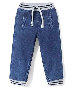 Babyhug Full Length Denim Washed  Stretchable Joggers with Black & White Stripes - Blue