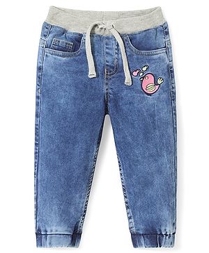 Babyhug Denim Full Length Stretchable Joggers with Bird Embroidery - Blue