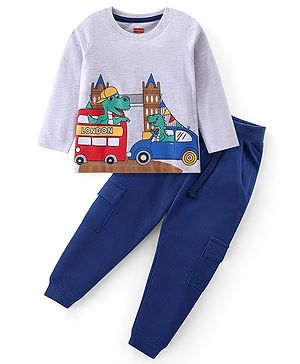 Babyhug Single Jersey Knit Full Sleeves T-Shirt & Lounge Pants Set With Dino Print - White & Navy