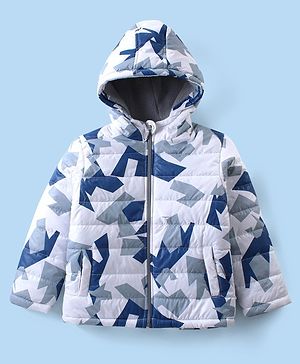 Babyhug Woven Full Sleeves Front Open Padded Hooded Jacket with Abstract Print - White