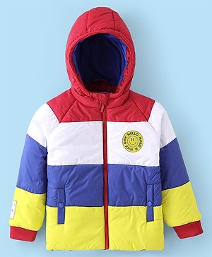 Babyhug Full Sleeves Front Open Padded Hooded Jacket with Colour Block Design & Patch Detailing - Multicolour