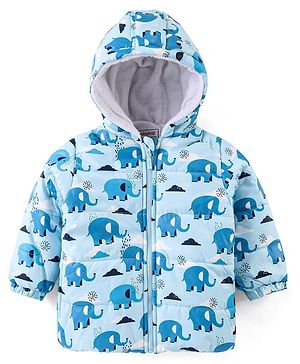 Babyhug Woven Full Sleeves Padded Hooded Jacket with Elephant Print - Blue