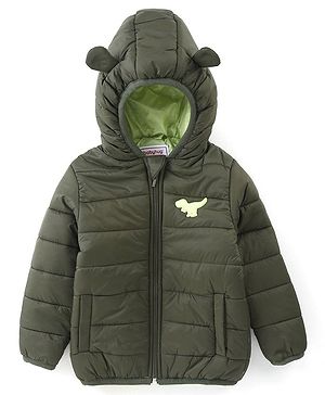 Babyhug Woven Full Sleeves Solid Color Padded Hooded Jacket With Dino Patch detailing - Olive Green