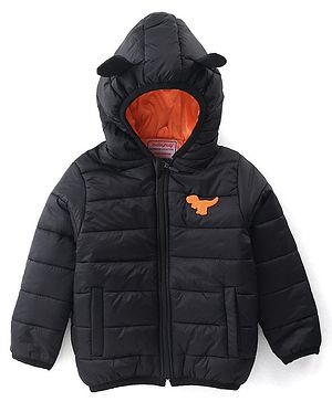 Babyhug Woven Full Sleeves Solid Color Padded Hooded Jacket With Dino Patch detailing - Black