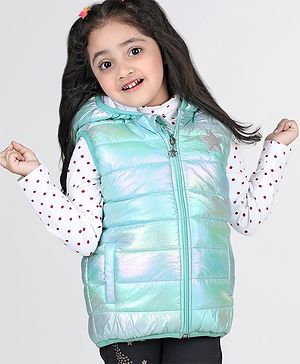 Babyhug Woven Sleeveless Padded Hooded Metallic Jacket with Pockets & Ear Applique - Blue