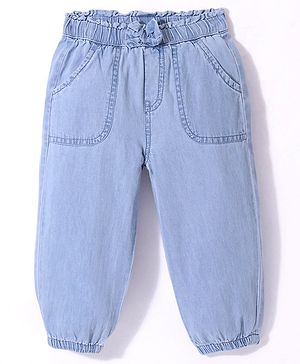 Babyhug Full Length Denim Washed Stretchable Joggers with Bow Applique Solid Colour- Light Blue