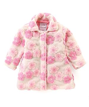 Babyhug Woven Full Sleeves Collared Neck Winter Coat With Floral Appliques - Pink