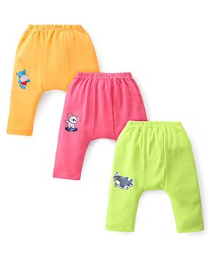 Babyhug Cotton Knit Anti-Microbial Ankle Length Diaper Pants with Animal Print Pack of 3 - Yellow Pink & Green