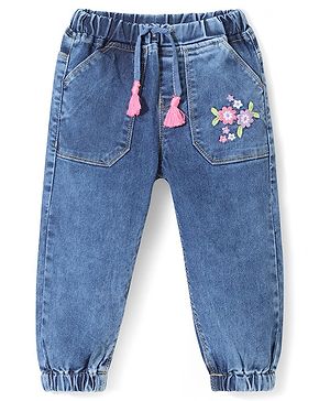 Babyhug Cotton Full Length Denim Washed Stretchable Joggers with Floral Embroidered - Blue
