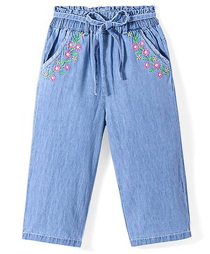 Babyhug Denim Full Length Washed Jeans with Stretch & Floral Embroidery  - Blue