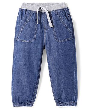 Babyhug Denim Full Length Solid Colour Joggers With Stretch - Blue