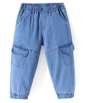 Babyhug Full Length Denim Washed Stretchable Joggers with Cargo Pockets Solid Colour - Blue
