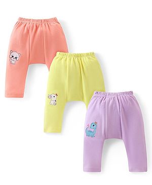 Babyhug Cotton Knit Full Length Anti Microbial Diaper Leggings with Kitty Bunny & Dino Print Pack of 3 - Yellow Purple & Pink