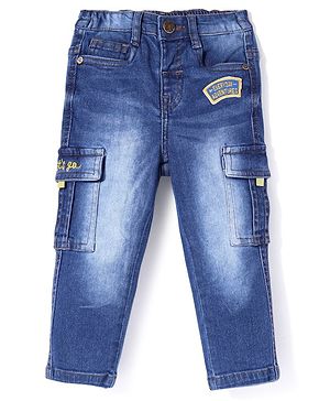 Babyhug Full Length Denim Jeans With Text Embroidery - Navy Blue