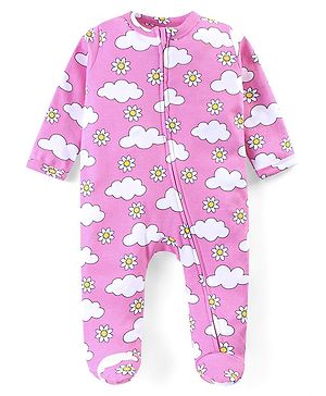 Babyhug Cotton Knit Full Sleeves Sleep Suit With Floral & Clouds Print - Pink