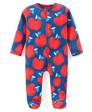 Babyhug Cotton Knit Full Sleeves Sleep Suit With Apples Print - Navy & Red