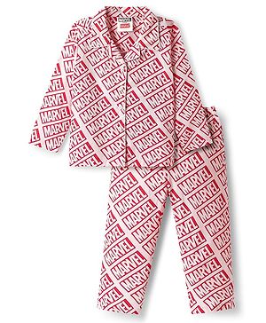 Babyhug Marvel Cotton Woven Full Sleeves Front Open Co-ords Night Suit With Avengers Print - Pink