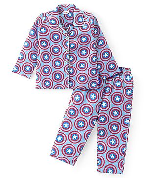 Babyhug Marvel Cotton Woven Front Open Full Sleeves Night Suit With Captain America Print - Blue