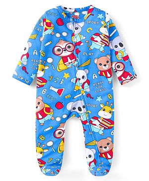Babyhug Cotton Knit Full Sleeves Sleep Suit With Animals Print - Blue