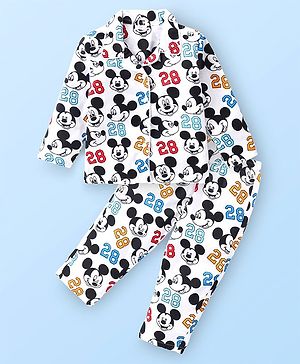 Babyhug Disney Cotton Knit Front Open Full Sleeves Night Suit with Mickey Mouse Print - White