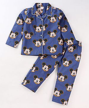Babyhug Disney Cotton Knit Full Sleeves Front Open Night Suit With Mickey Mouse Print - Blue