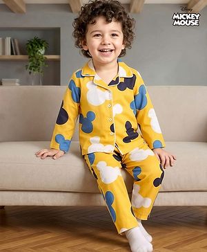 Babyhug Disney Cotton Woven Full Sleeves Night Suit with Mickey Mouse Print - Yellow