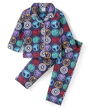 Babyhug Marvel Cotton Woven Full Sleeves Front Open Night Suit with Avengers Print - Navy