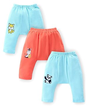 Babyhug Cotton Knit Anti-Microbial Ankle Length Diaper Pants with Animal Print Pack of 3 - Blue & Red