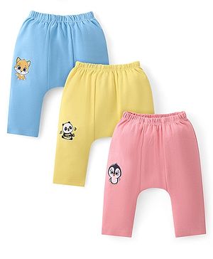Babyhug Cotton Knit  Anti-Microbial Full Length Diaper Pants with Panda Print Pack of 3 - Blue Pink & Yellow